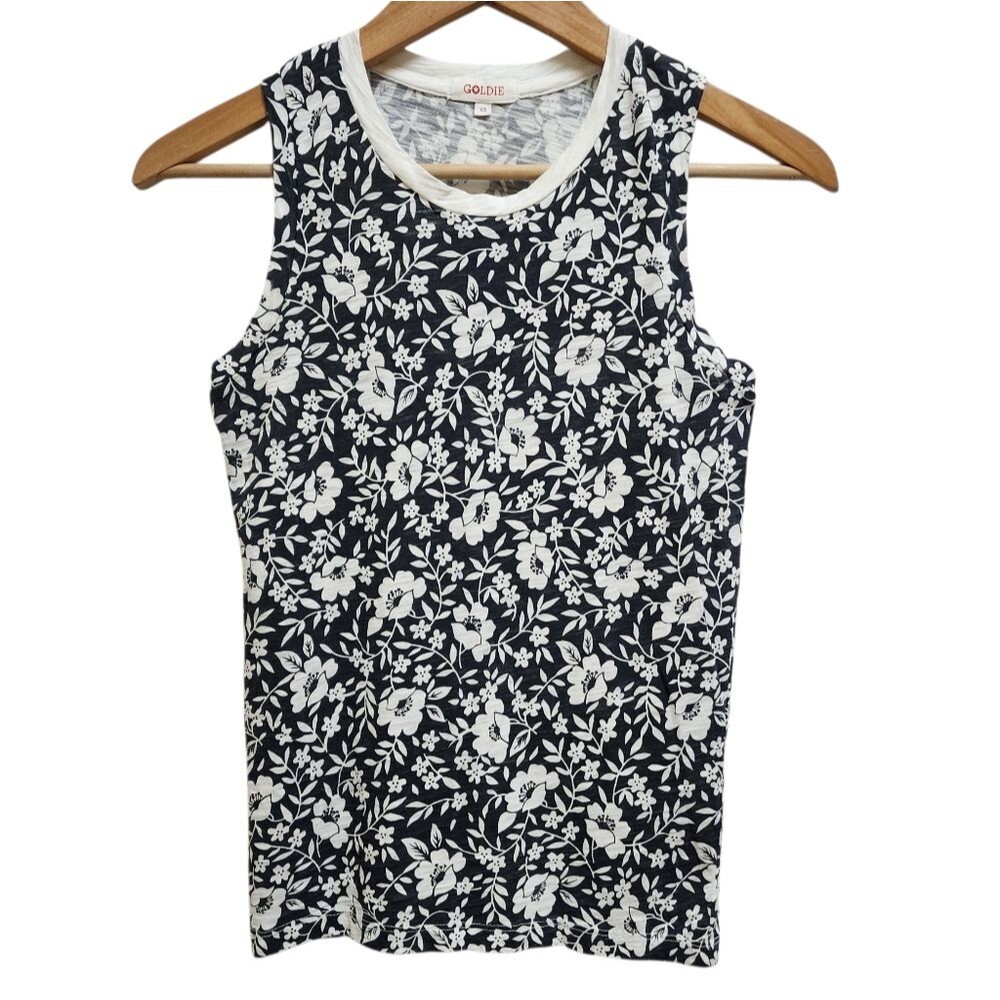 Goldie Navy White Cotton Floral Sleeveless Tank Top Womens XS Stretch Casual